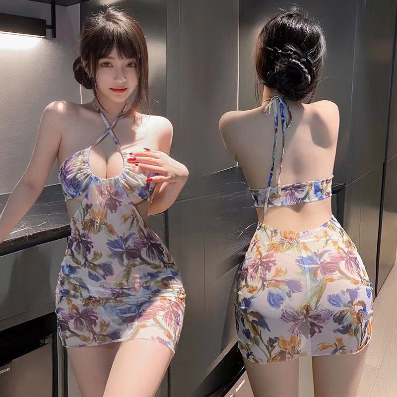 Chiyuge shallow deep U-shaped exposed groove blurred printing hip skirt sexy lingerie summer sexy bare back dress