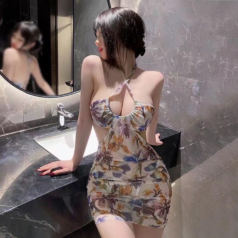 Chiyuge shallow deep U-shaped exposed groove blurred printing hip skirt sexy lingerie summer sexy bare back dress