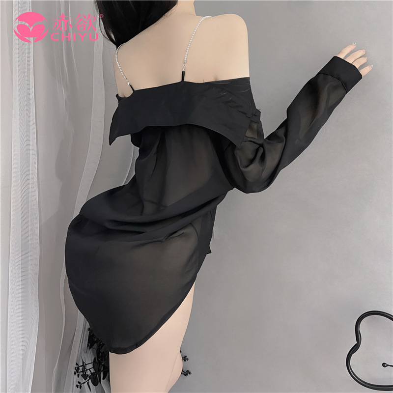 Chiyu sexy lingerie women's plus size boyfriend shirt sexy perspective cute pajamas style suspenders net celebrity live broadcast spot 