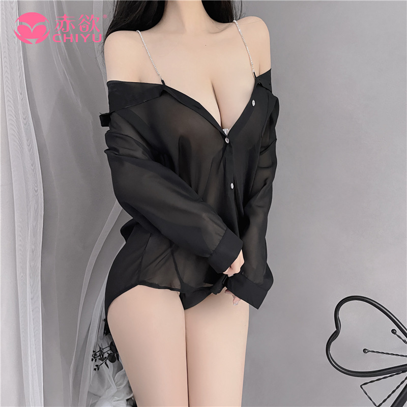 Chiyu sexy lingerie women's plus size boyfriend shirt sexy perspective cute pajamas style suspenders net celebrity live broadcast spot 