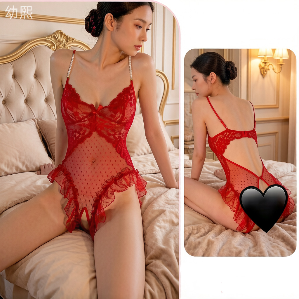 Semi-Sheer Lace Bodysuit with Ruffle Trim – Elegant Women's Lingerie